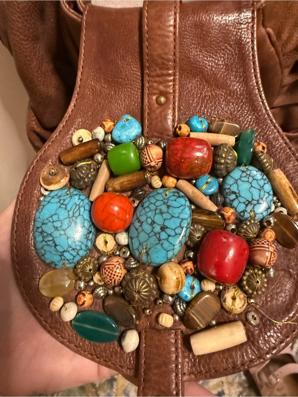 Boho Brown Leather Shoulder Bag with Turquoise & Coral Embellishments Cole Haan